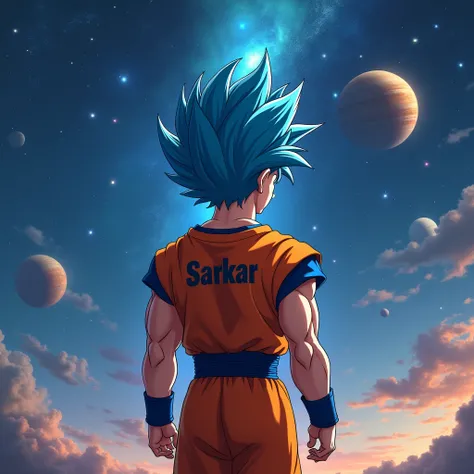 Create a realistic image of anime where son goku in blue hair looking at sky full of planet and stars. The name "SARKAR". Written on his back