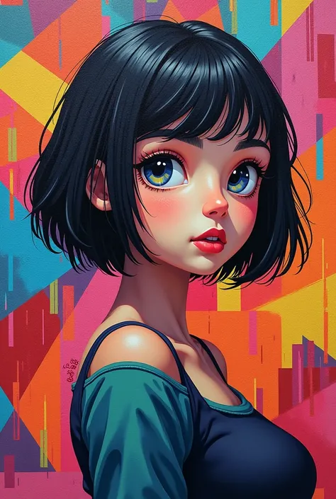 (short hair girl ),(Best posture),(best angle), (Better expression), Eduardo Kobra Acorjo Amento ,Multidimensional geometric wall portrait, Artistically, tchibi,yang08k, big breasts beautiful, coloring, abstract, psychodelic