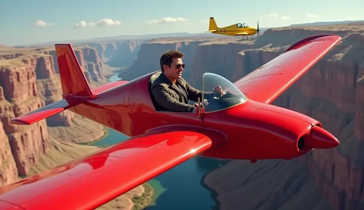 
 Tom Cruise is flying an ultra-light red plane with the Grand Canyon in the background,a river and a super light yellow plane 