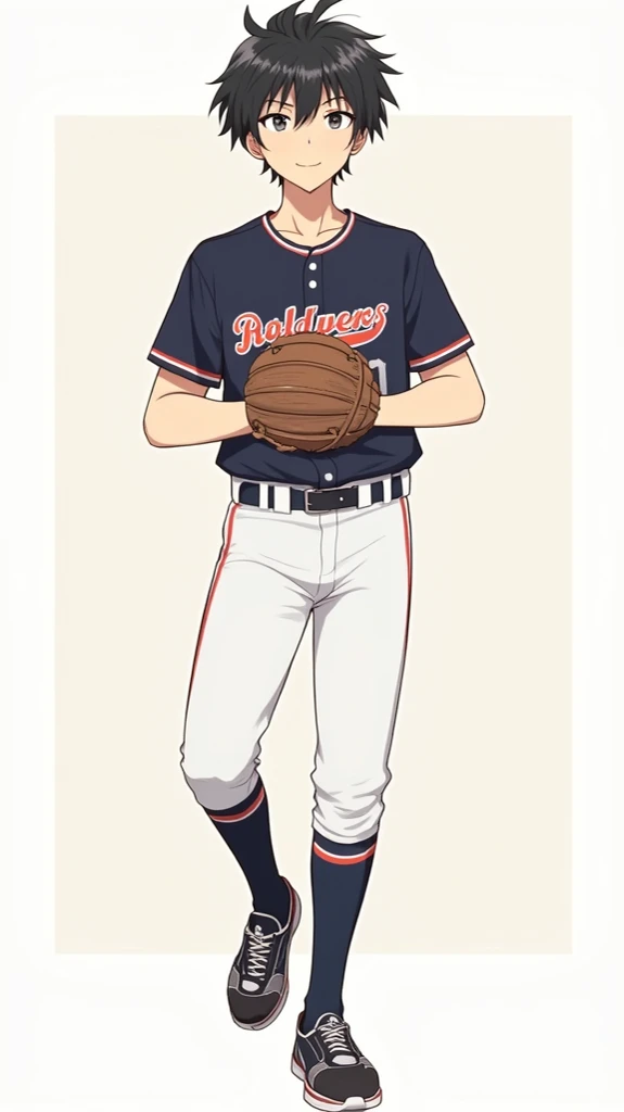  Japanese Men 、20 years old、Short Hair、 sporty when ready、baseball player uniform、Clothes Pichi Pichi、muscle、Mischievous、The fight seems strong、The bangs are raised、Full body illustration、standing collar 、Bangs raised、standing collar 