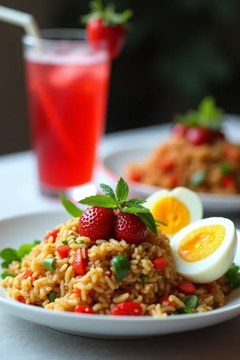 Plating special Indonesian fried rice eggs on the side with strawberry juice 