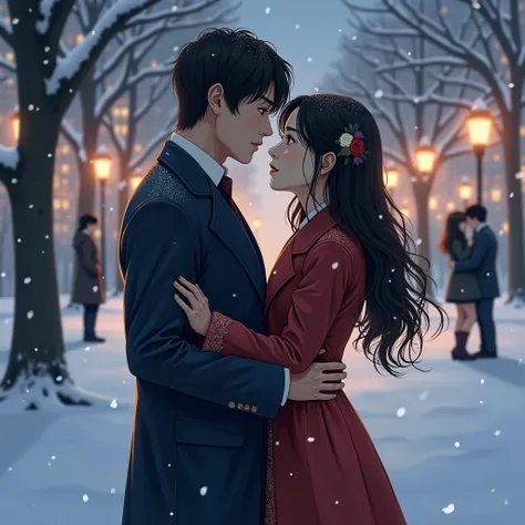 ((  original photo:1.2,  best quality)), Photo art， Very detailed, Extremely precise description, Ultra-fine drawing, ([    "Intertwined:1.2), (Romance movie vibe ), Snowy park，Warm light 、1 Japanese man 、 One Japanese Woman with Long Hair,Korean Model， th...