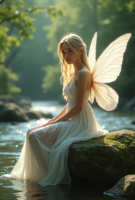  creates a realistic very pretty blonde teenager with pink eyes, She is dressed in white with two wings like a fairy sitting on a rock next to the river