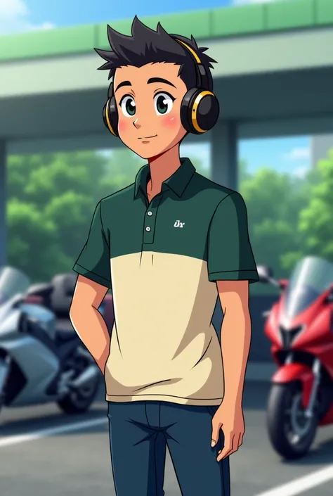 A young man is standing at a motorcycle parking lot. He is wearing a polo shirt with a dark green upper half and an ivory lower half, paired with dark blue jeans. He has large black-and-gold headphones on, looking like hes deep in thought. He has short, bl...