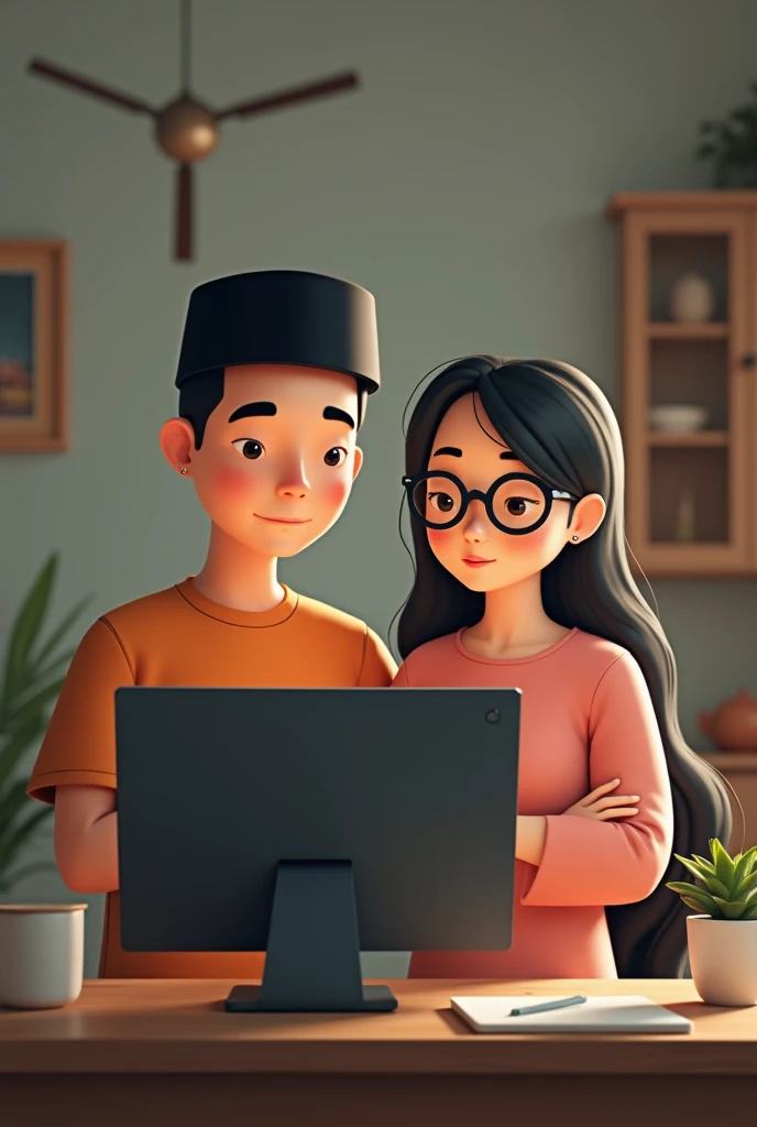 A Malay boy and his wife with eyeglass and a hat, crossing his arms and looking at the computer next to him.
