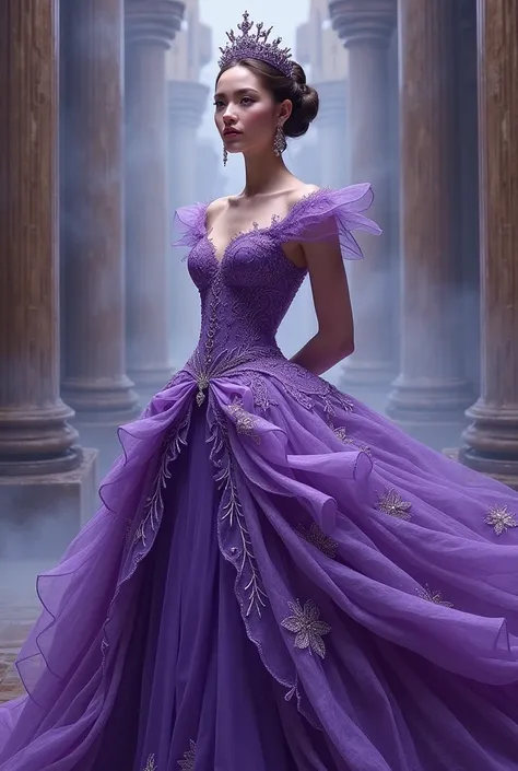 Queen wearing a big ball gown flaunting etheral unique design and colour purple 👑