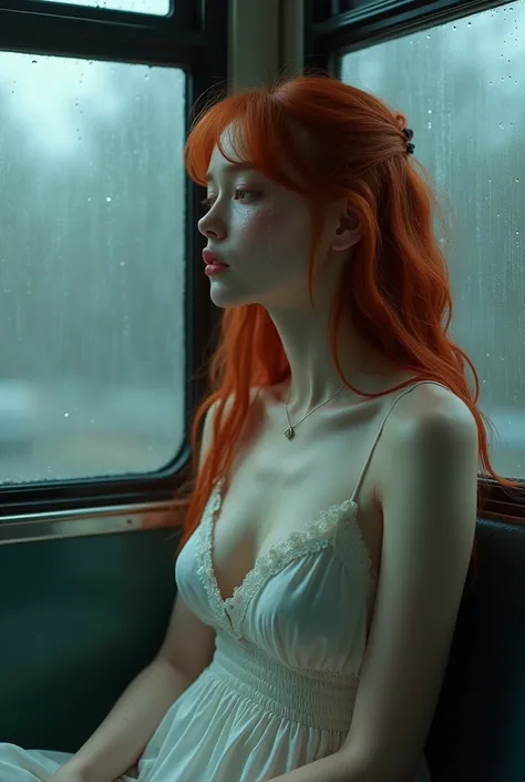 A girl crying on the bus,  red hair,  big boobs, white skin and dress ,  watching the rain fall on the glass. Character, design.