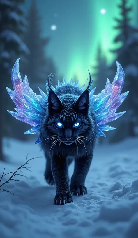 A lynx with a sleek, black body covered in shimmering crystal-like feathers instead of fur. Its eyes are radiant gemstones, and its claws are sharp and glass-like. Massive crystal wings sprout from its back, refracting light into vibrant colors as it prowl...