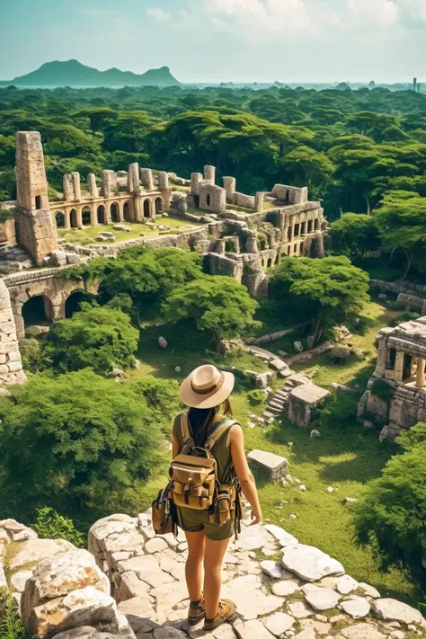 A female explorer is watching, Ancient City Ruins