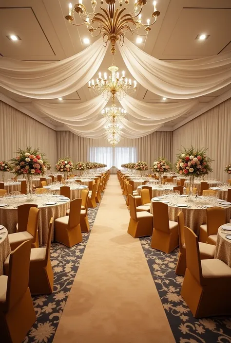 A larger and full picture of a hall with 300 decorated chairs and round tables and 3d board backdrop, beige rug white ceiling drapery and florals  , charger plates on the table. Just like a Nigerian wedding reception 