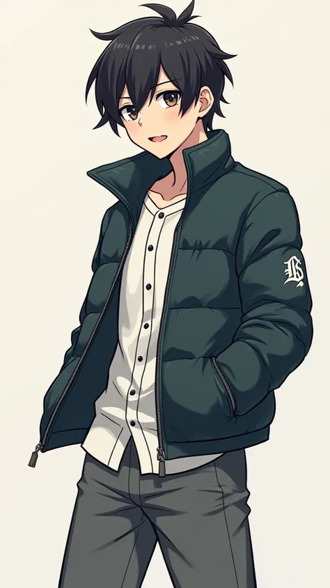  Japanese Men 、Male college student、Short Hair、 sporty when ready、baseball player uniform and down jacket、 short length down jacket、Clothes Pichi Pichi、muscle、Mischievous、The fight seems strong、The bangs are raised、Full body illustration、standing collar 、B...