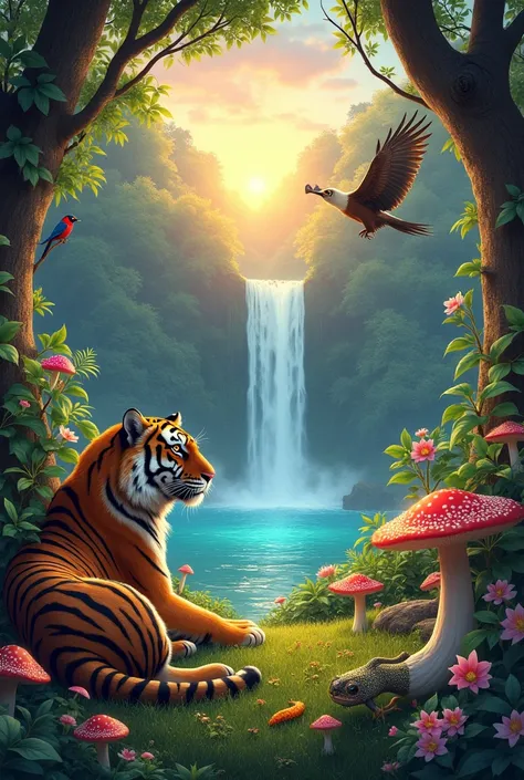 A vibrant forest habitat filled with diverse wildlife and lush greenery. The scene includes mushrooms growing on the forest floor, soft grass, and beautiful flowers in full bloom. A tiger rests majestically among the trees, an eagle soars in the sky, a sna...