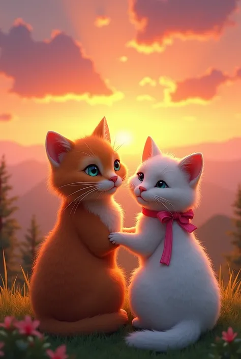 Old orange cat and old white cat with pink ribbon holding hands sitting watching the sunset