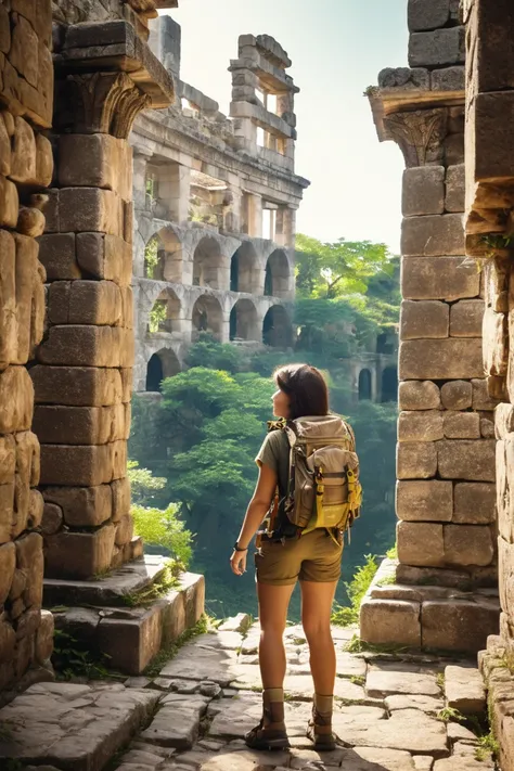 A female explorer is watching, Ancient City Ruins