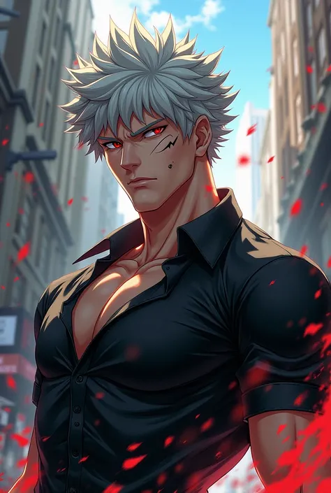 I want you to create an adult man similar to Deku with crimson eyes and a completely silver hair with a completely black shirt in a very good shape makes him have a small scar on his right cheek along with a small one on his left eyebrow but who is still s...