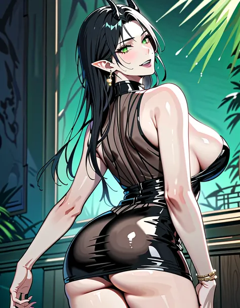 masterpiece, highres, absurdres, illustration,((masterpiece:1.4, best quality)), (Ultra detailed background), highly detailed beautiful face and eyes, beautiful eyes, shiny, earrings, bracelet, long hair, big breasts, Expectant smile,black hair,beautiful f...