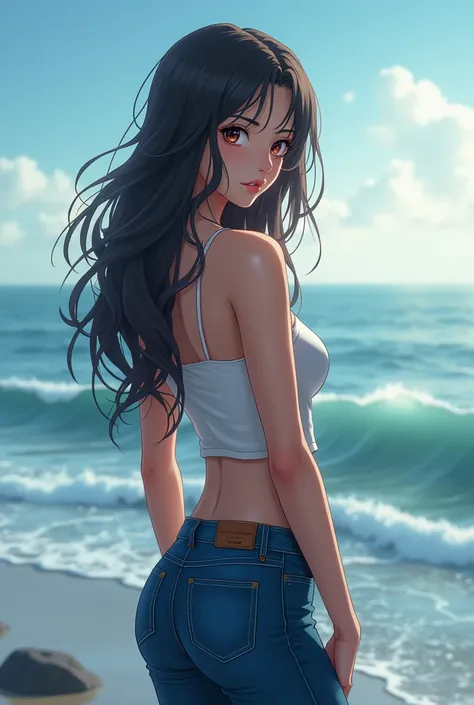 A young woman in the anime style, looking 24 years old, is on the coast,  turning her face slightly to face the camera with a mysterious look .  Her long hair falls in soft waves down her back ,  and she wears tight jeans ,  with a confident posture that h...