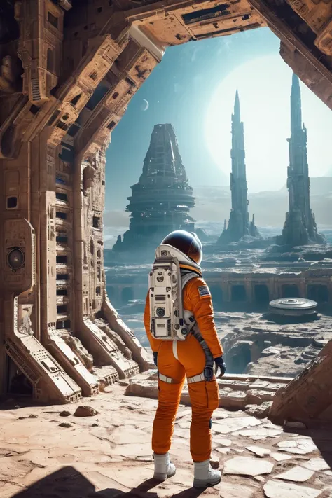 female astronaut looking at Ancient space City Ruins, interplanetary space