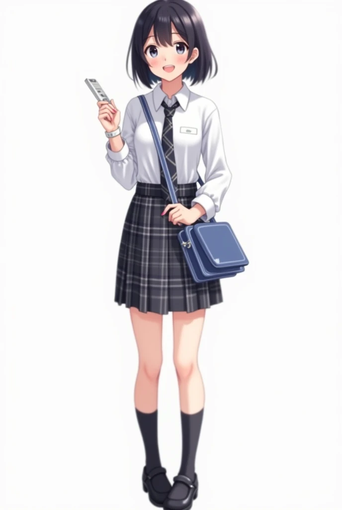 Teenage woman with black and short hair and with white anime watch and pink nails with white long-sleeved shirt and plaid Scottish tie in dark gray and white and pleated plaid skirt in combination of dark gray and white colors, following a uniform pattern ...