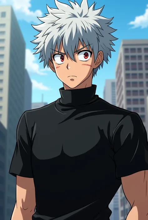 I want you to create an adult man similar to Deku with crimson eyes and completely silver hair with a completely black shirt in a very good shape makes him have a small scar on his right cheek along with a small one on his left eyebrow but who is still sim...