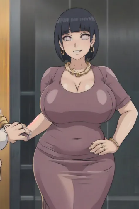 hinata hyuuga,big breast,((cleavage)),gold chain necklace,gold hoopa bracelet,((oval hoopa earring)),colored long nail,skindenta...