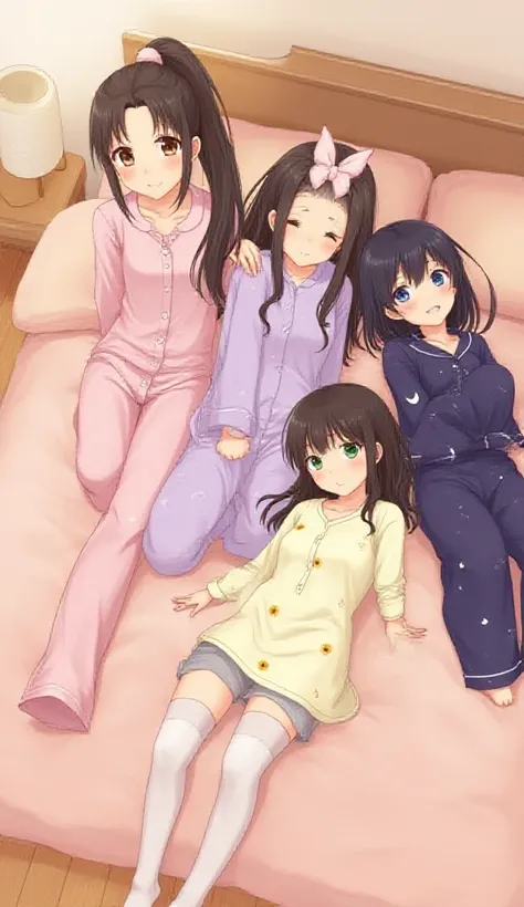 (Score_9, score_8_up, 4girls, group, cozy bedroom setting, bed on the ground, wooden floor, soft warm lighting, long black hair for all, different hairstyles {loose straight, side braid, high ponytail, half up-half down}, wearing unique nightwear, one girl...