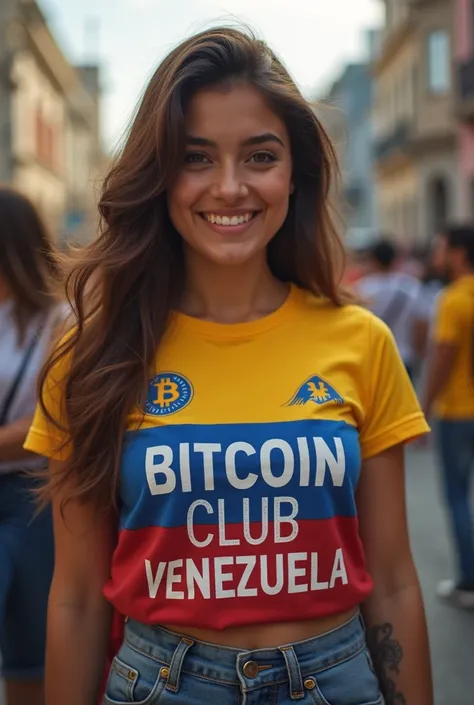  Woman wearing a shirt that says: bitcoin club Venezuela  