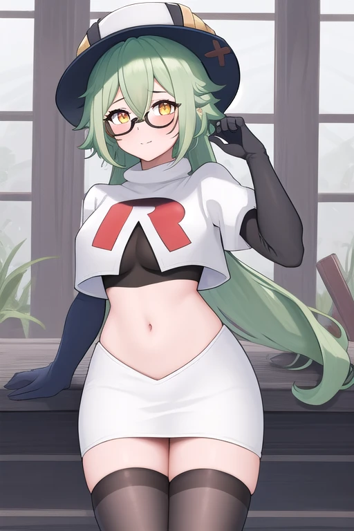 best quality, masterpiece, highres, solo, {sucrose_genshin:1.15}, green_hair, animal_ears, glasses, semi-rimless_eyewear, hat, bangs, vision_(genshin_impact), blush, multicolored_hair, long_hair, hair_between_eyes, cat_ears, orange_eyes, breasts, yellow_ey...