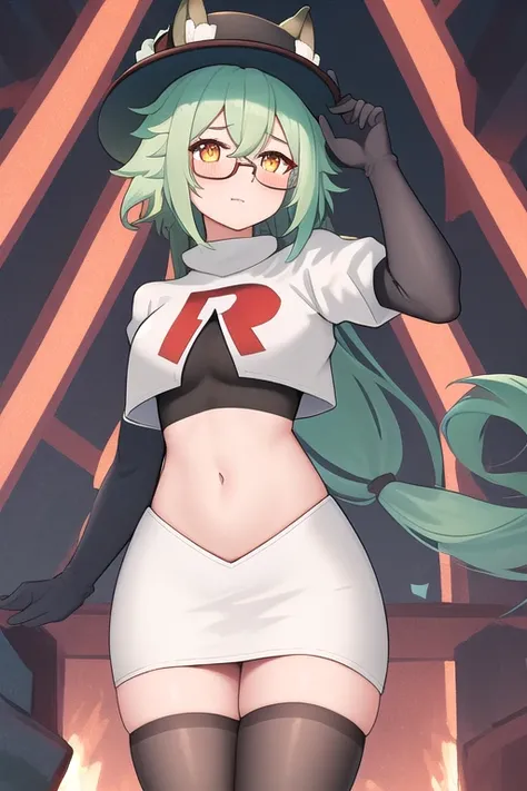 best quality, masterpiece, highres, solo, {sucrose_genshin:1.15}, green_hair, animal_ears, glasses, semi-rimless_eyewear, hat, bangs, vision_(genshin_impact), blush, multicolored_hair, long_hair, hair_between_eyes, cat_ears, orange_eyes, breasts, yellow_ey...