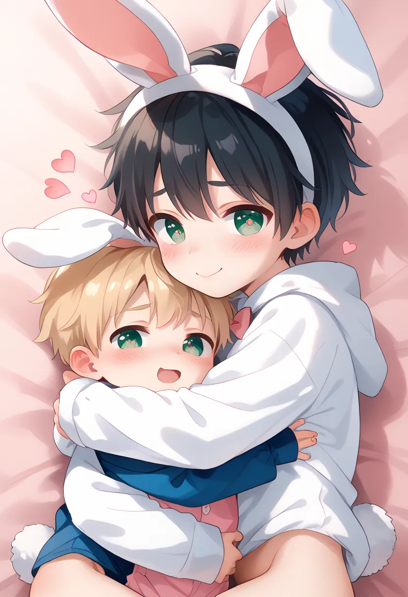 comic style, comic anime cute boy, black hair, green eyes, slightly blushing, is a primary school boy, baby clothes, bunny suit ...