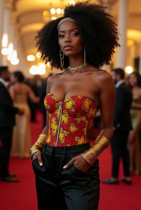 A curvaceous Black woman in a strapless corset-style Ankara top in vibrant red and yellow prints, paired with black satin wide-leg trousers and pointed-toe heels. She accessorizes with a bold choker and gold cuffs, her afro adorned with a jeweled headband ...