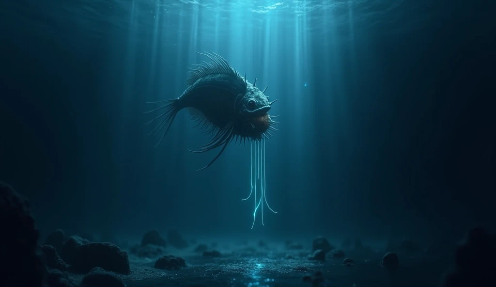 "1. A deep-sea environment shrouded in complete darkness, showing a faint glow from an anglerfish with its bioluminescent lure, surrounded by eerie blue water.
