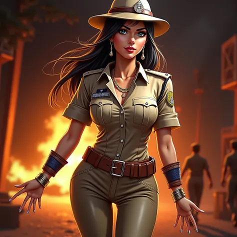 Generate a real life image of a Indian police woman , she is wearing police khaki buttoned shirt tucked in skintight khaki police pants , and black belt, skinny pants, skinny girl , skintight buttoned police shirt, she is extremely attractive and full of c...