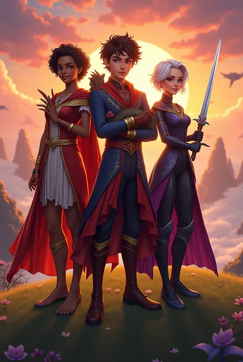 A reimagined female version of Ezran, Callum, and Rayla from Netflixs The Dragon Prince, dressed in outfits inspired by Season 4. Female Ezran has short, curly hair and a bright smile, wearing a royal red and gold tunic with a cape, holding Zym, the dragon...