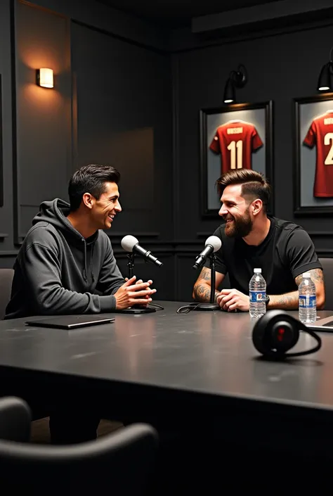 An ultra-realistic scene of two football legends, Cristiano Ronaldo and Lionel Messi, sitting across from each other in a modern podcast studio. Both are dressed casually, Ronaldo in a dark hoodie and Messi in a black t-shirt, with wireless microphones in ...