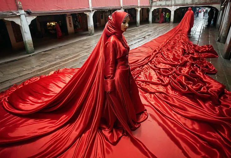 A woman shrouded in a 8-meter-long, plush red satin cloth, tightly bound and grandly draping along the form of her body, flowing off into a pooled floor-length train, styled in a mermaid-inspired outfit, her head modestly veiled in a satin hijab, 175 heigh...