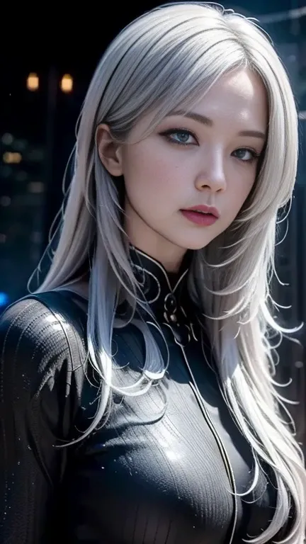  Masterpiece ,  High Quality ,  high definition , 8k, (Alone:1.5), (( 1 woman:1.5)),  comet ,  detailed face ,  DETAILS EYES , correct body structure,  upper body, (( white hair :1.2)),  Very Long Hair ,  messy hair , 細身の体,  Seductive Silhouettes , Gloriou...