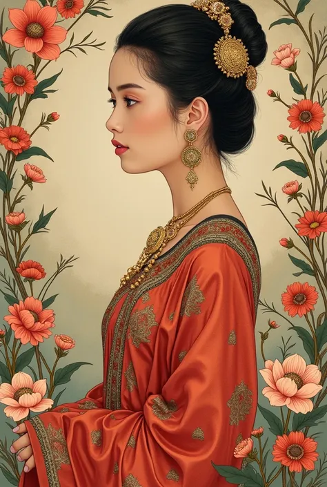 (( best quality)), ((masterpiece)), (  Details), Draw a beautiful princess ,Myanmar traditional dedicated dress, Dedicated Had dress , earrings and gold necklace,surrounded by a flower frame in the style of Alphonse Mucha