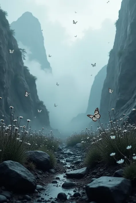 high quality, 8K UltrNatural background realistic, blank in the center, rocks on the ground, lots of black Flowers, mountain, blakc tone, clouds, many butterflies