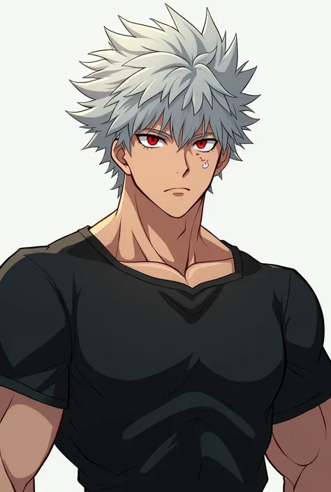 I want you to create an adult man similar to Deku with crimson eyes and a completely silver hair with a completely black shirt in a very good shape makes him have a small scar on his right cheek makes his left eyebrow cut but that he is still similar to De...