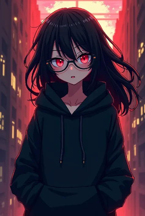  amazing background . legendary drawing . pixel art .Anime girl . black hair . her eyes are scary red . wearing black glasses . black hoodie with LBP putting her hands in her hoodie pockets 