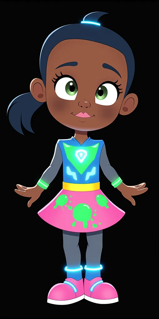 Natalia, pj masks OCs, Afro-American skin, dark blue ponytail hair, Blue light suit With green splat, Yellow belt, pink Skirt with green splats, Blue light leggins, Pink shoes, pj masks 2d Animation,