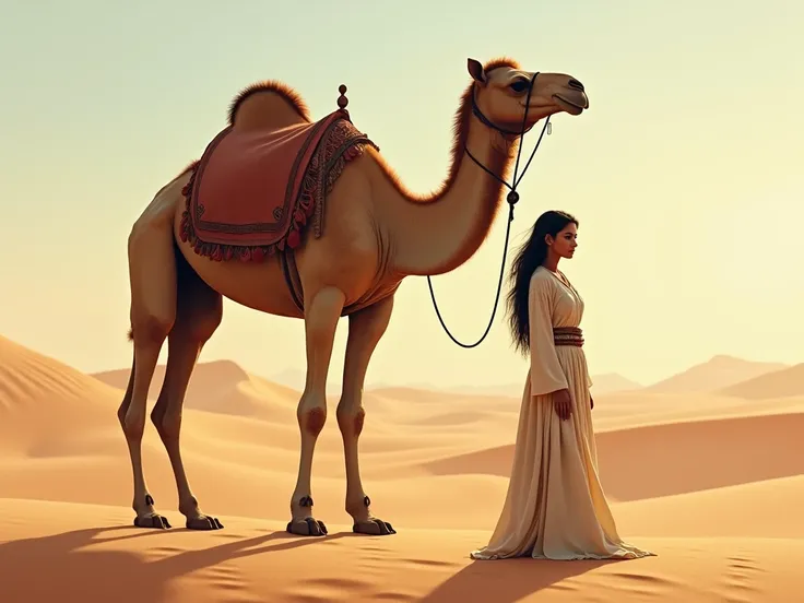 Middle Eastern girl with a camel in the desert