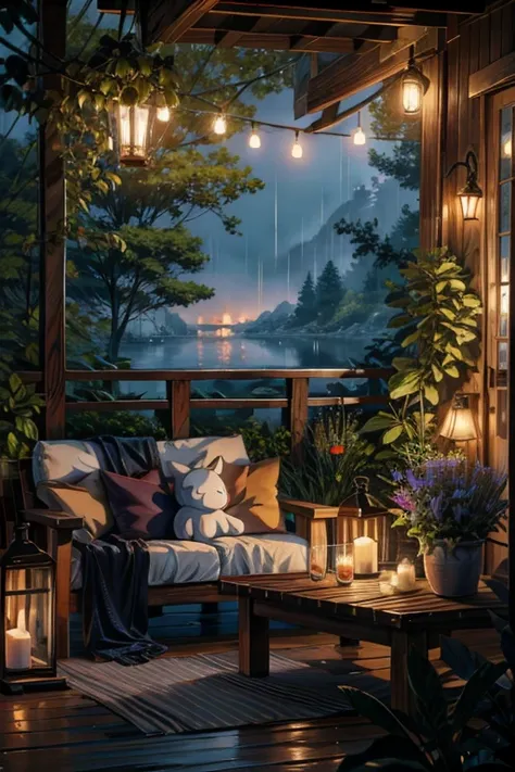 painting of a couch sitting on top of a wooden deck, cozy night fireflies, cozy and peaceful atmosphere, cozy atmosphere, soothing and cozy landscape, rainy evening, pleasant cozy atmosphere, cozy home background, cosy atmosphere, cozy place, at evening du...