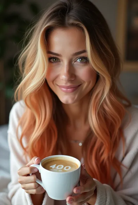 Gorgeous tall blonde with red tint ombre hair drinking a cup of coffee, the foam of the coffee says 400 followers she is smiling gratufully and wearing very cozy pjs 