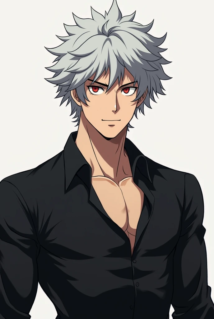 I want you to create an adult man similar to Deku with crimson eyes and a completely silver hair with a completely black shirt in a very good shape makes him have a small scar on his right cheek makes his left eyebrow cut but that he is still similar to De...