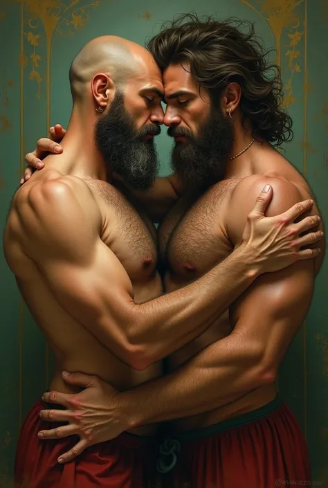  Detailed art nouveau image,  a mature and rough man , bald and bearded .  Embracing another younger and hairier man.  Both naked in slip , affectionate attitude .  Strong and hairy bodies . full shot.