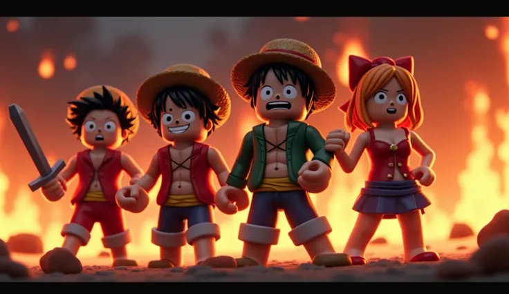 One piece characters luffy, zoro, usop, nami in roblox with dark background and epic flame around it