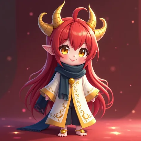 toddler,anime,young,deep red floor-length hair , yellow eyes and golden horns , long white tunic with gold designs,long dark blue scarf ,barefoot, with gold rings on their ankles ,