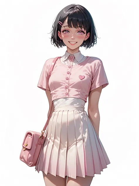  1girl, woman, transgender woman, small breasts, slender frame, slim waist, shy, blushing, smiling, submissive, black hair, middle part, short hair, pleated dress, white skirt, pink purse, small purse